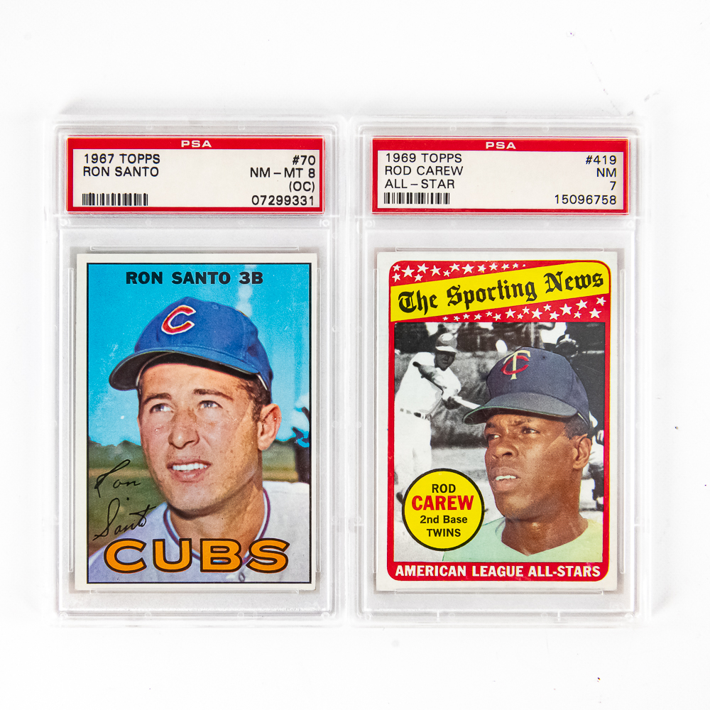67 Topps Ron Santo PSA 8 OC & 69 Topps Carew PSA 7