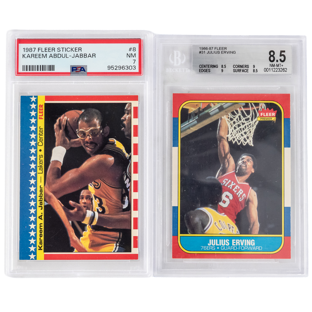 86 Fleer Erving Beckett 8.5 & 87 Fleer Jabbar PSA7