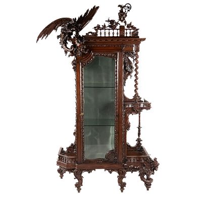 Ornately Hand-Carved Dragon Cabinet w/Shelves, exceptional hand-carved mahogany curio display 