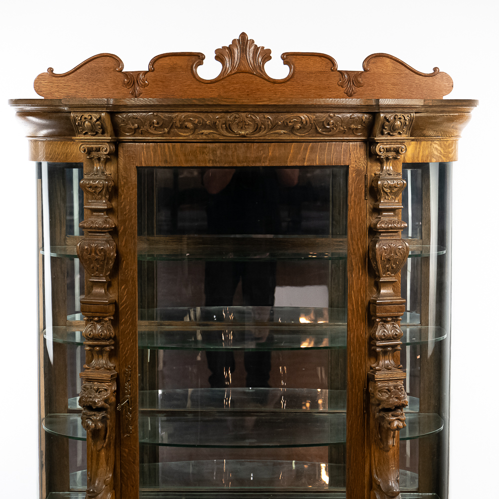 Antique Tiger Oak Curved Glass China Cabinet