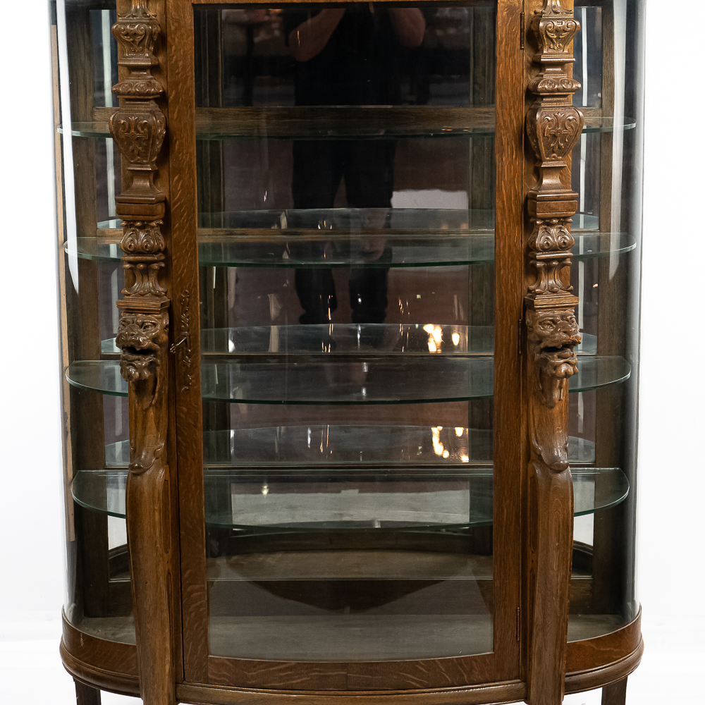Antique Tiger Oak Curved Glass China Cabinet