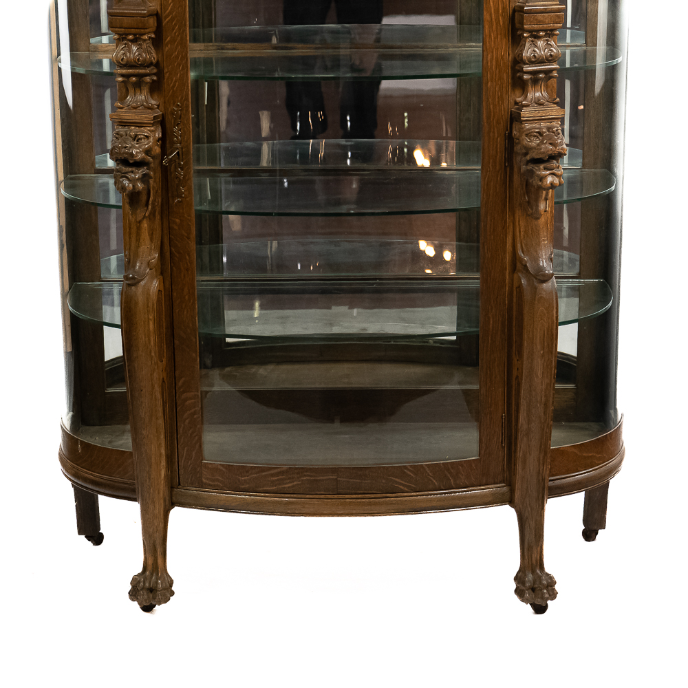 Antique Tiger Oak Curved Glass China Cabinet