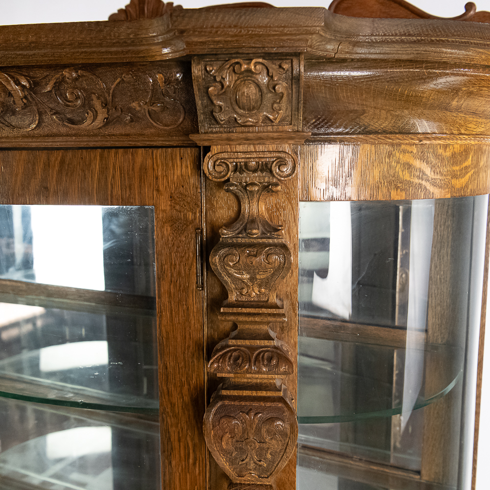 Antique Tiger Oak Curved Glass China Cabinet