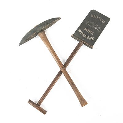 Vintage United Mine Workers Pick Axe & Shovel Sign, authentic labor history sign is a vintage 