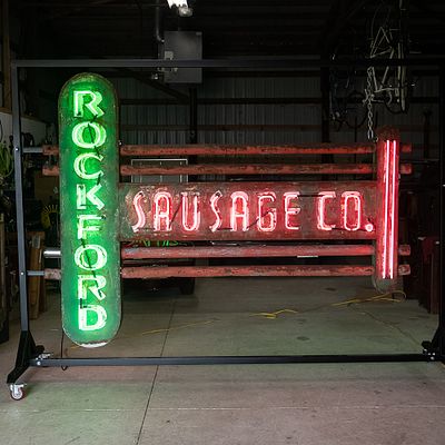 Vintage 9' Rockford Sausage Co DS Neon Sign, double-sided neon sign originally located in 