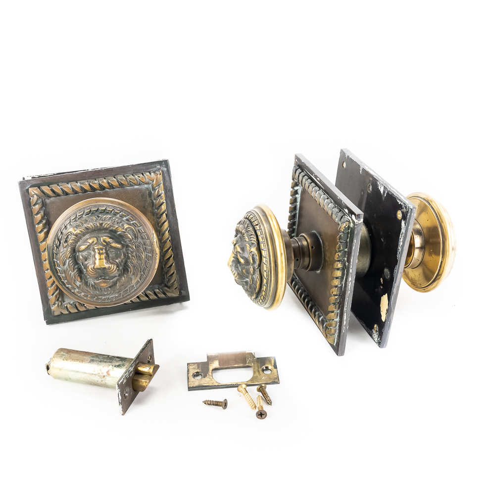 Pair Vintage Brass Lion Head Door Knob Assemblies