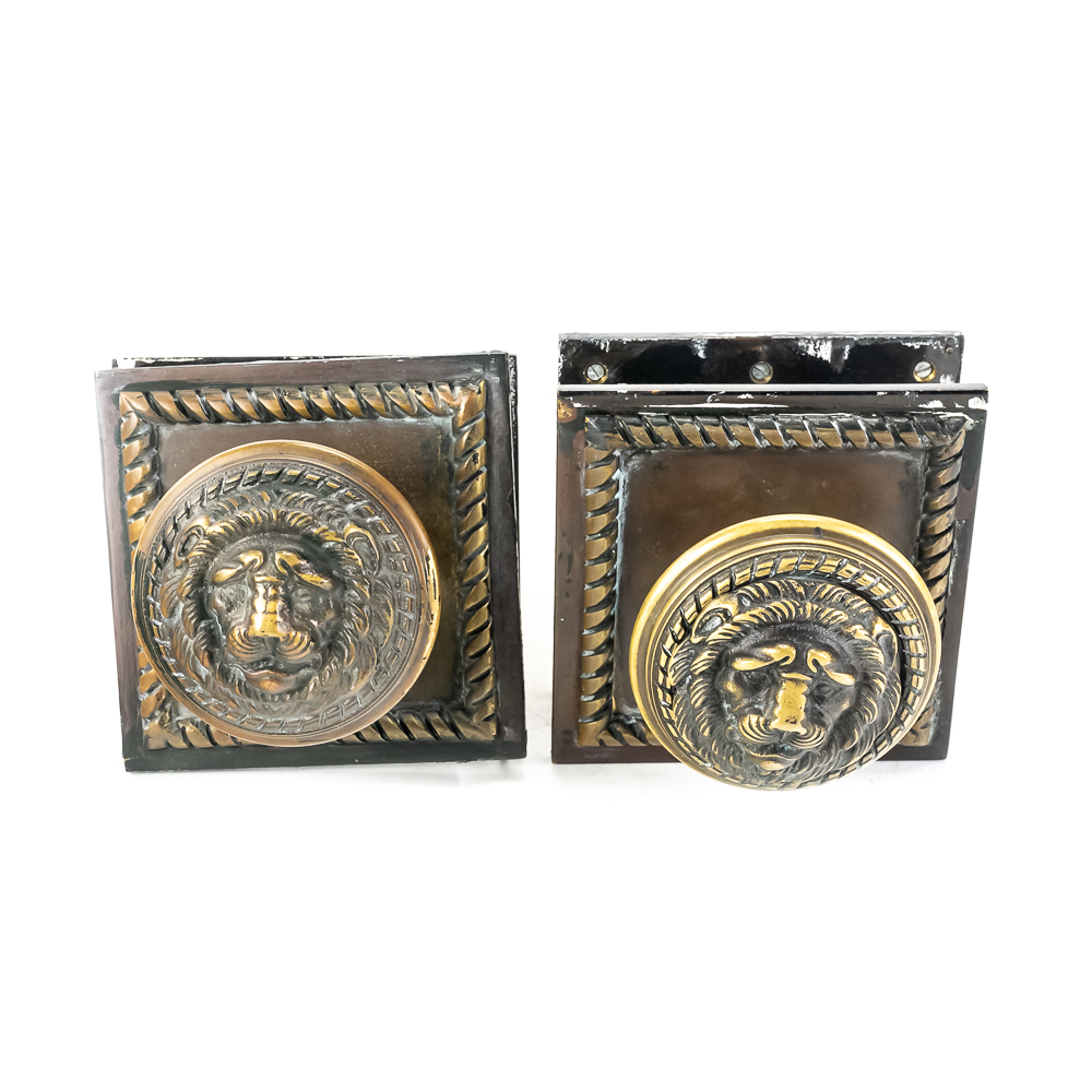 Pair Vintage Brass Lion Head Door Knob Assemblies