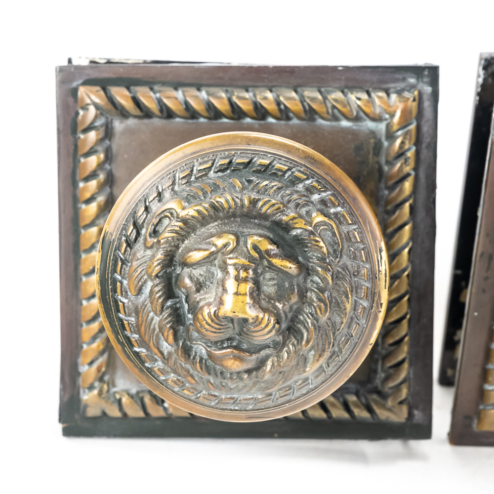 Pair Vintage Brass Lion Head Door Knob Assemblies