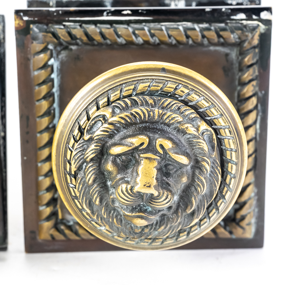 Pair Vintage Brass Lion Head Door Knob Assemblies