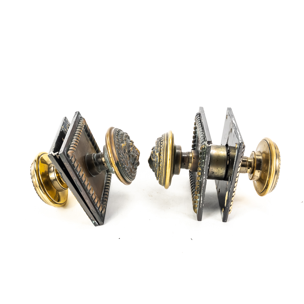 Pair Vintage Brass Lion Head Door Knob Assemblies