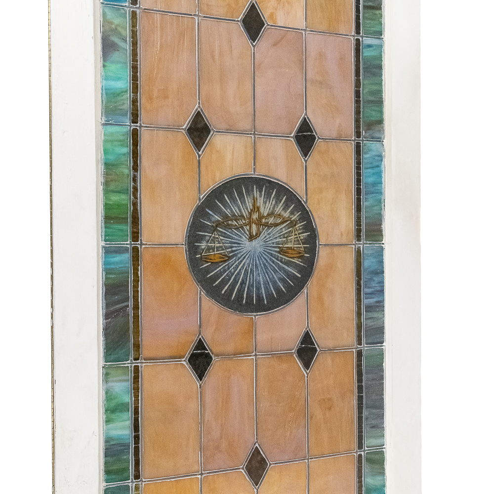 Antique Stained Glass Window "Scales of Justice"