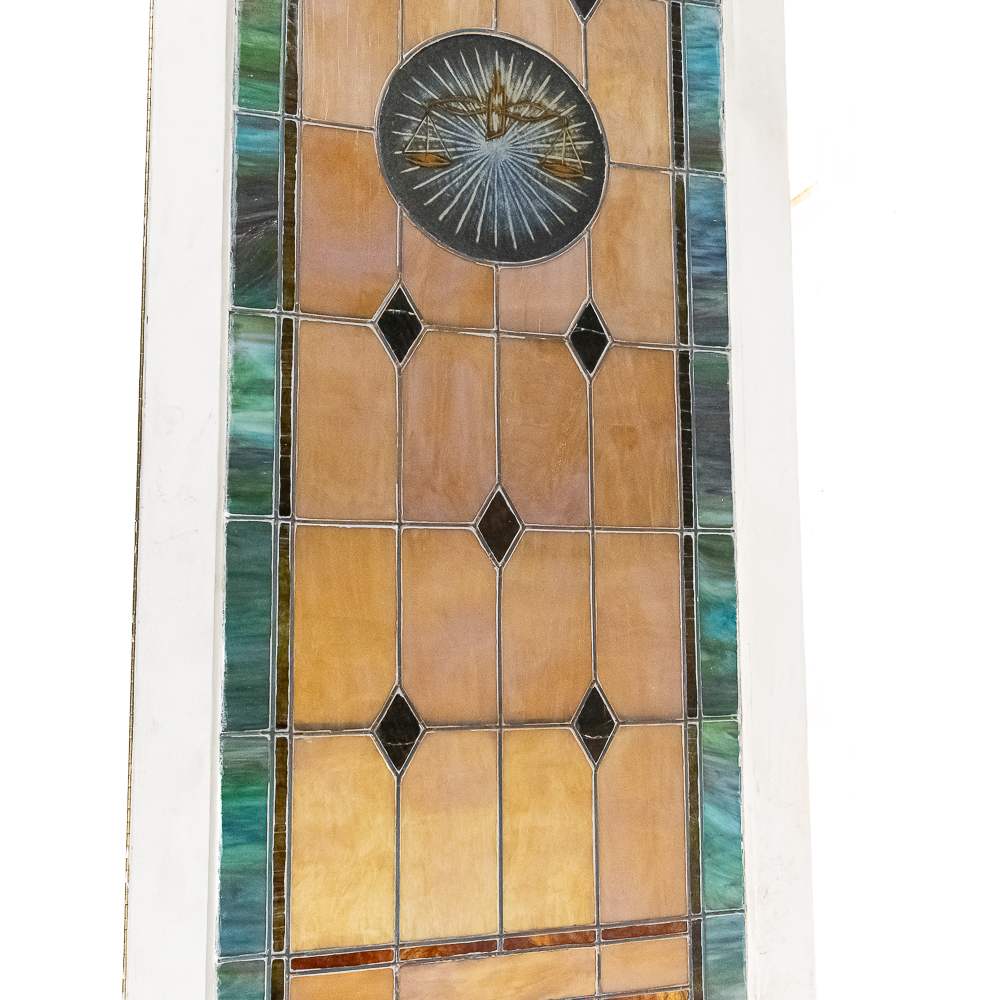 Antique Stained Glass Window "Scales of Justice"
