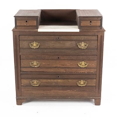 Victorian Eastlake Style Marble Top Dresser, upper glove-box drawers, three main lower storage 