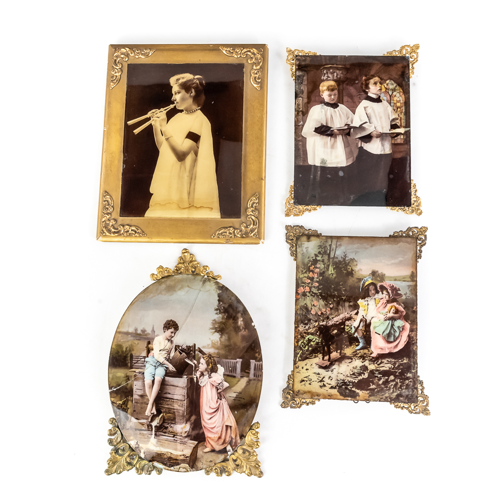 (4) Antique Victorian Crystoleum Prints