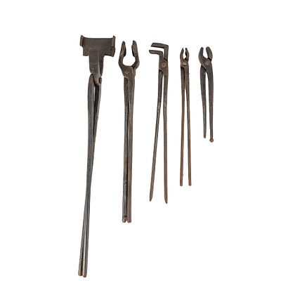 (5) Hand-Forged Blacksmith & Farrier Tools includes plowshare tongs, used for holding and 