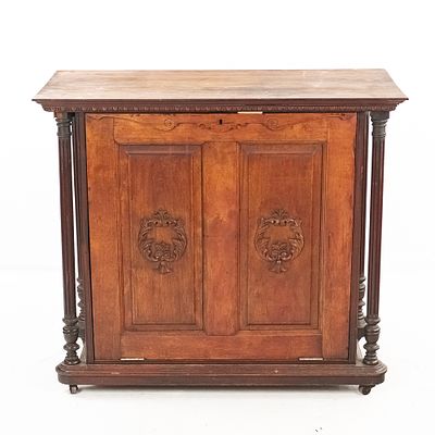 Victorian Carved Disc Record Cabinet. This impressive turn-of-the-century wood disc record 