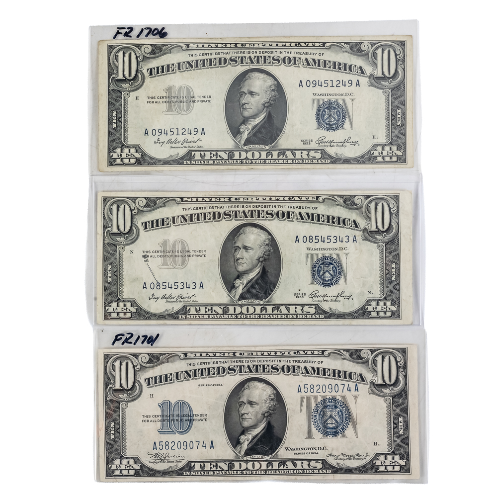 AU-XF 1934 & (2)1953 $10 Dollar Silver Certificate