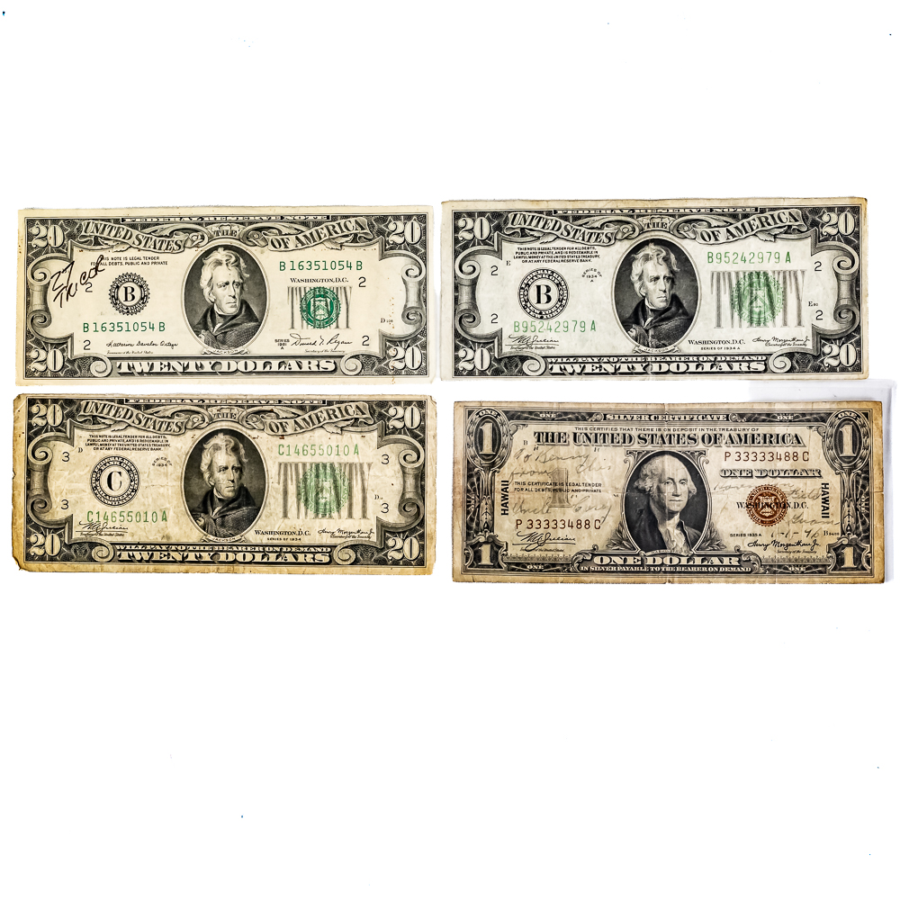 1935-A Hawaii $1 Silver Certificate & (3) $20 Bill