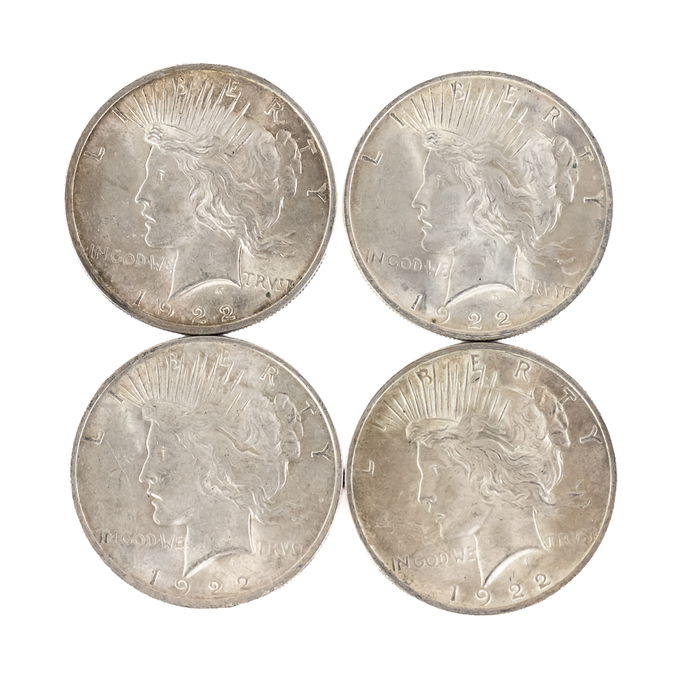 (4) 1922 Peace Silver Dollars
