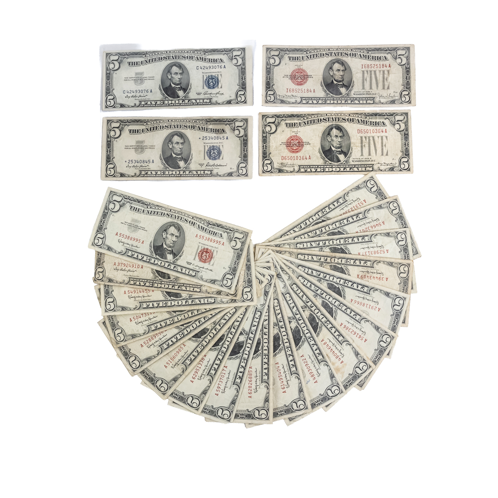 (23)Assorted 1928-1963 $5 Dollar Note Certificates