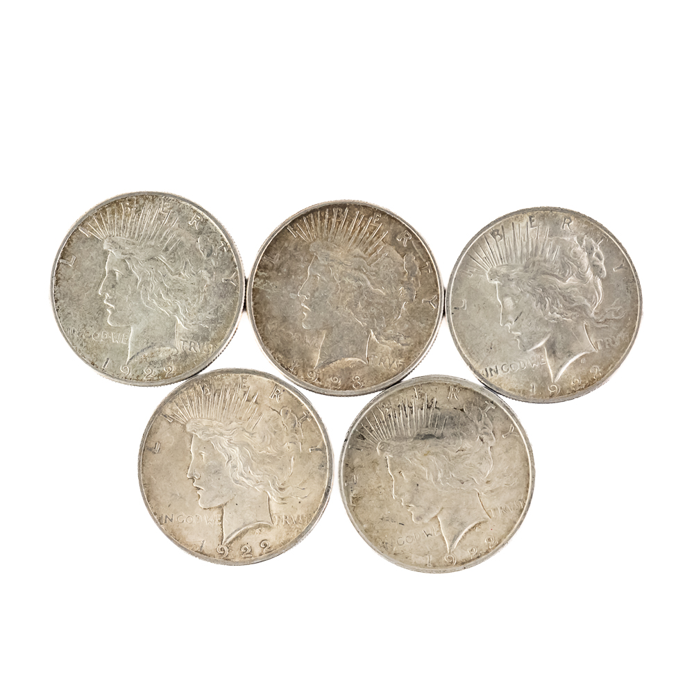(5) 1922-1928 Peace Silver Dollars $1