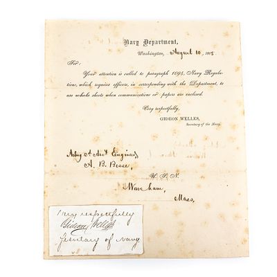 1865 Gideon Welles Navy Dept. Letter and Cut Sig. This historical lot features a Civil War-era 