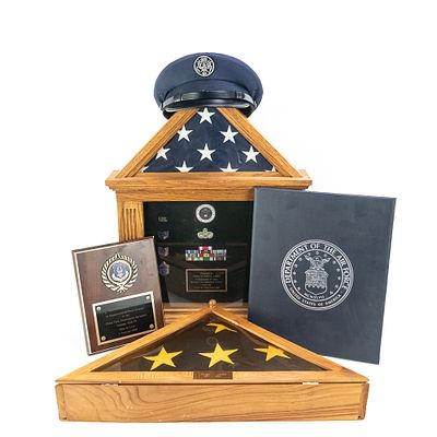 Burial Flag, USAF Display Case, Plaque, Cert, Cap. Grouping associated with Father and Son. 
