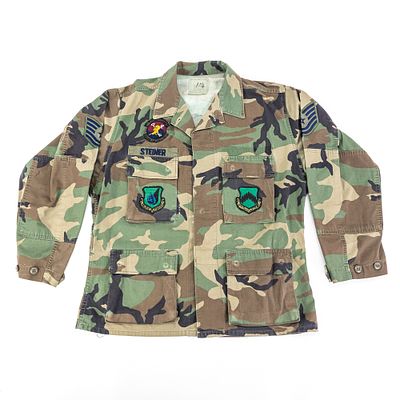 Modern Era USAF Camo Jacket-8th Services Squadron. The camo jacket shows wear and the spec tag 