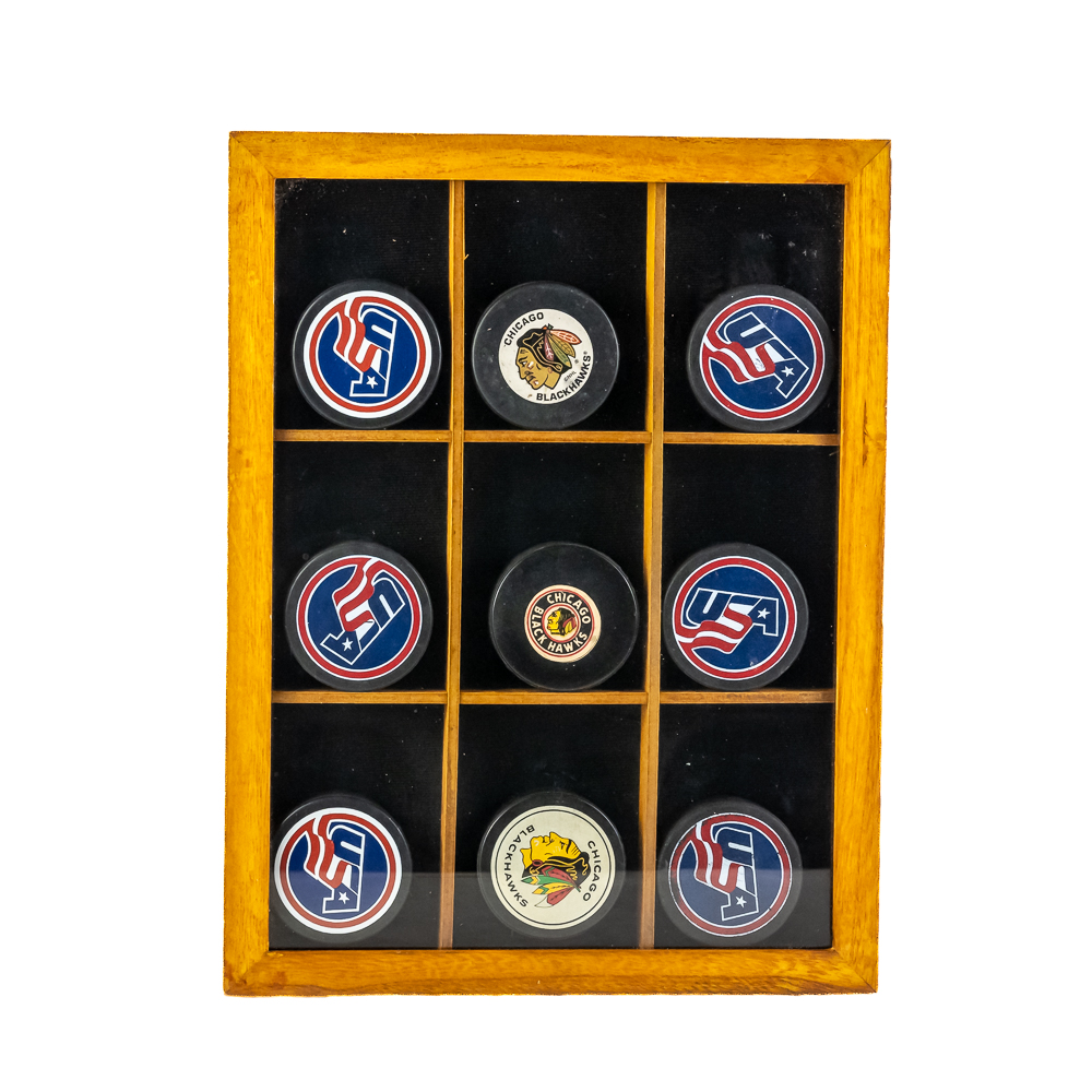 Vintage Hockey Puck Display w 9 Pucks