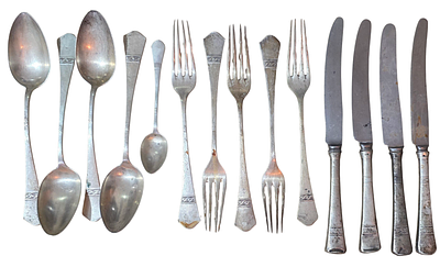 סט סכו"ם (חלקי) כסף 800 חתום. גרמני. השליש הראשון של המאה ה-20. אורך מזלג 21 סמ. 
משקל (לא כולל 