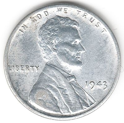 ארה"ב , מטבע מבוקשת של סנט חיטה WHEAT משנת 1943 העשויים מאבץ מצופה , במצב חדש - נדיר במצב זה 