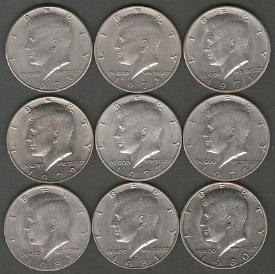 ארה"ב , לוט 9 מטבעות של 1/2 דולר ג'ון קנדי, כולם משנים שונות : 1971-1983