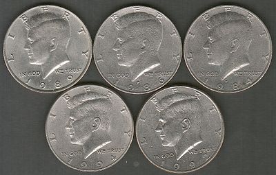 ארה"ב , לוט 5 מטבעות של 1/2 דולר ג'ון קנדי, כולם משנים שונות : 1984-1999
