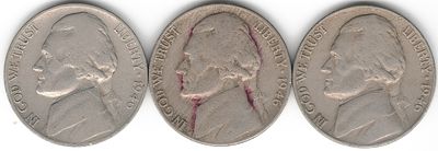 ארה"ב , לוט 3 מטבעות 5 סנט ג'פרסון , משנת 1948 עם כל סימני הטביעה הקיימים - P , D , S , ממטבעות 