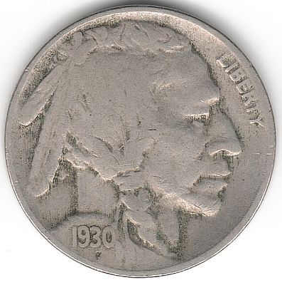 ארה"ב , מטבע 5 סנט באפלו/ ראש אינדיאני , משנת 1930 , (ברוב המטבעות מסוג זה , התאריך נשחק ואינו 