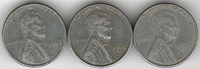 ארה"ב , לוט סט מלא של 3 מטבעות מבוקשים סנט חיטה WHEAT משנת 1943-P , D , S העשויים מאבץ מצופה 