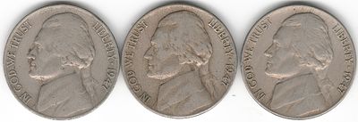 ארה"ב , לוט 3 מטבעות 5 סנט ג'פרסון , משנת 1947 עם כל סימני הטביעה הקיימים - P , D , S , ממטבעות 