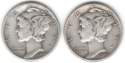 ארה""ב , לוט 2 מטבעות כסף , מרקיורי דיים /10 סנט , מהשנים : 1943 , 1945 , במצב יפה מאד