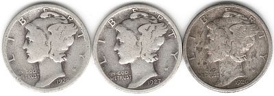 ארה""ב , לוט 3 מטבעות כסף , מרקיורי דיים /10 סנט , מהשנים : 1928 , 1927 , 1926 , במצב יפה