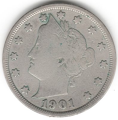 ארה"ב , מטבע מבוקש של 5 סנט ליברטי , משנת : 1901 , במצב יפה