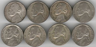 ארה"ב , סט 8 מטבעות מכסף של 5 סנט שהוטבעו במלחמת העולם II (הניקל והנחושת נדרשו לצרכי מלחמה לכן 