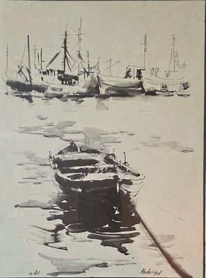 משה גת - נוף ימי. אקוורל על נייר. ממוסגר במיסגור ישן תחת זכוכית. 18&times;26