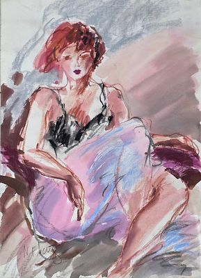 ניצה פלנץ - דמות אשה. אקוורל ופסטל על נייר. נאה ואיכותית. 50&times;70