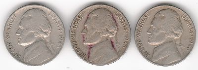 ארה"ב , לוט 3 מטבעות 5 סנט ג'פרסון , משנת 1946 עם כל סימני הטביעה הקיימים - P , D , S , ממטבעות 