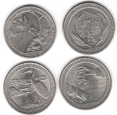 ארה"ב , לוט 4 מטבעות של רבע 1/4 דולר מסידרת "אמריקה היפה / פארקים לאומיים " שנת 2015 במצב חדש UNC