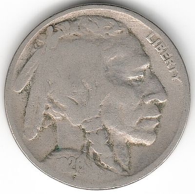 ארה"ב , מטבע 5 סנט באפלו/ ראש אינדיאני , משנת 1926 , (ברוב המטבעות מסוג זה , התאריך נשחק ואינו 