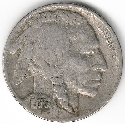 ארה"ב , מטבע 5 סנט באפלו/ ראש אינדיאני , משנת 1936-D , (ברוב המטבעות מסוג זה , התאריך נשחק 