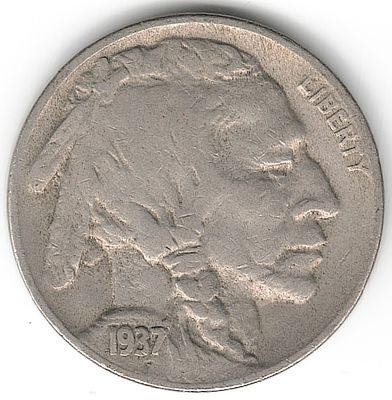 ארה"ב , מטבע 5 סנט באפלו/ ראש אינדיאני , משנת 1937-D , (ברוב המטבעות מסוג זה , התאריך נשחק 