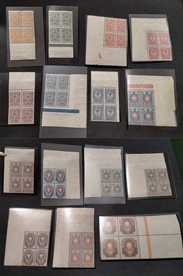 1908 РИ СК 94(1) - 108(1) 19-й выпуск. Полная серия марок в квартблоках !!! 11 УГЛОВЫХ + 4 