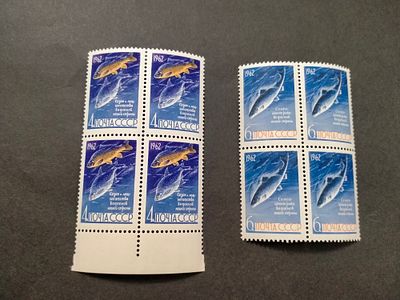 1962 2732 - 2733 Кат. Соловьева. Рыбы. Полная серия марок в квартблоках. Состояние **.